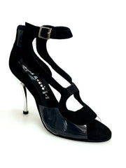 Carica immagine nella Galleria, Angela - Sandalo da Donna in Camoscio Nero con Parti in Plexiglass Tacco a Spillo Laminato Argento
