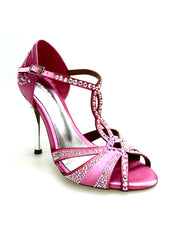 Carica immagine nella Galleria, CAMILA Superb (accollata) L13 - Scarpa da Ballo in Raso Seta Rosa Fuxia con Swarovski Bore ali e Tacco a Spillo Laminato Argento
