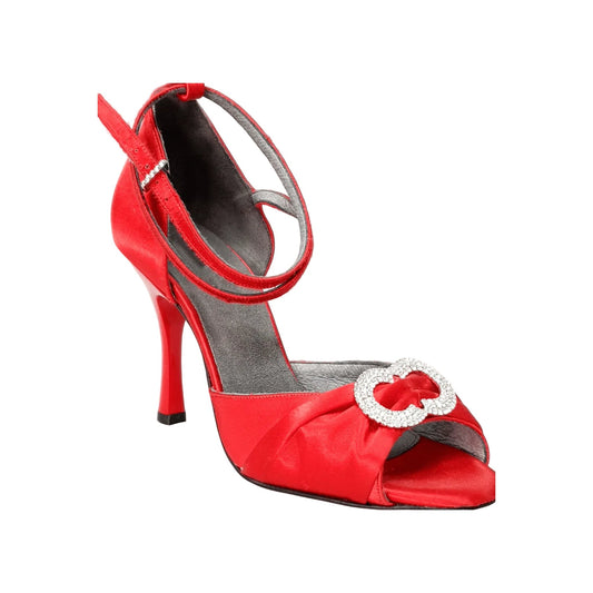 Sandalo rosso Wishdance con inserto strassato, tacco a rocchetto smaltato, scarpa elegante in raso.
