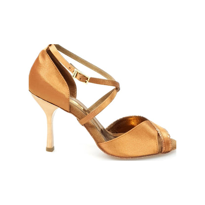 Raso Seta Bronzo e Glitter Bronzo Tacco a Rocchettino Stiletto Squadrato Sottile Laminato Oro Ramato, vista laterale