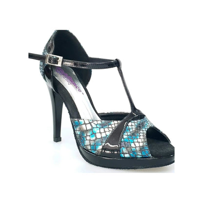 Sandalo donna Xena (698X) in boa blu e vernice nero con plateau e tacco a spillo, scarpa elegante Wish Dance Shop
