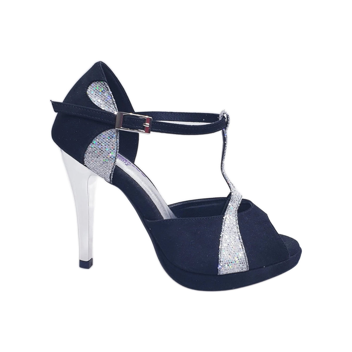 Sandalo da Donna inCamoscio Nero e Glitter Argento Con Plateau e Tacco a Spillo Xena Wish Dance, vista frontale