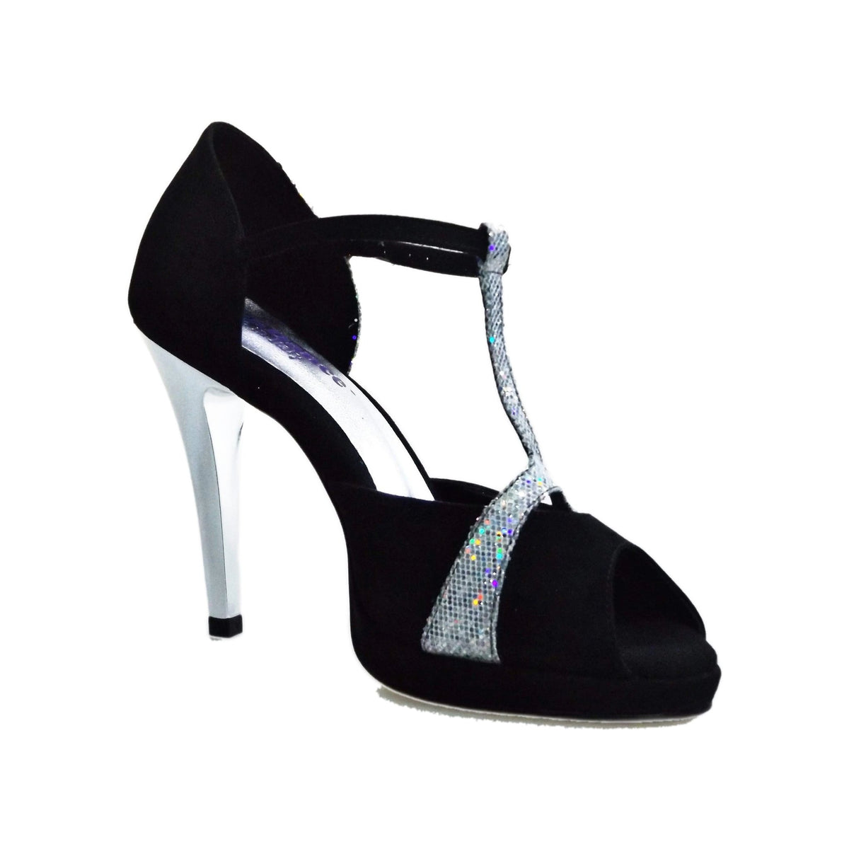 Sandalo da Donna inCamoscio Nero e Glitter Argento Con Plateau e Tacco a Spillo Xena Wish Dance, vista tre quarti