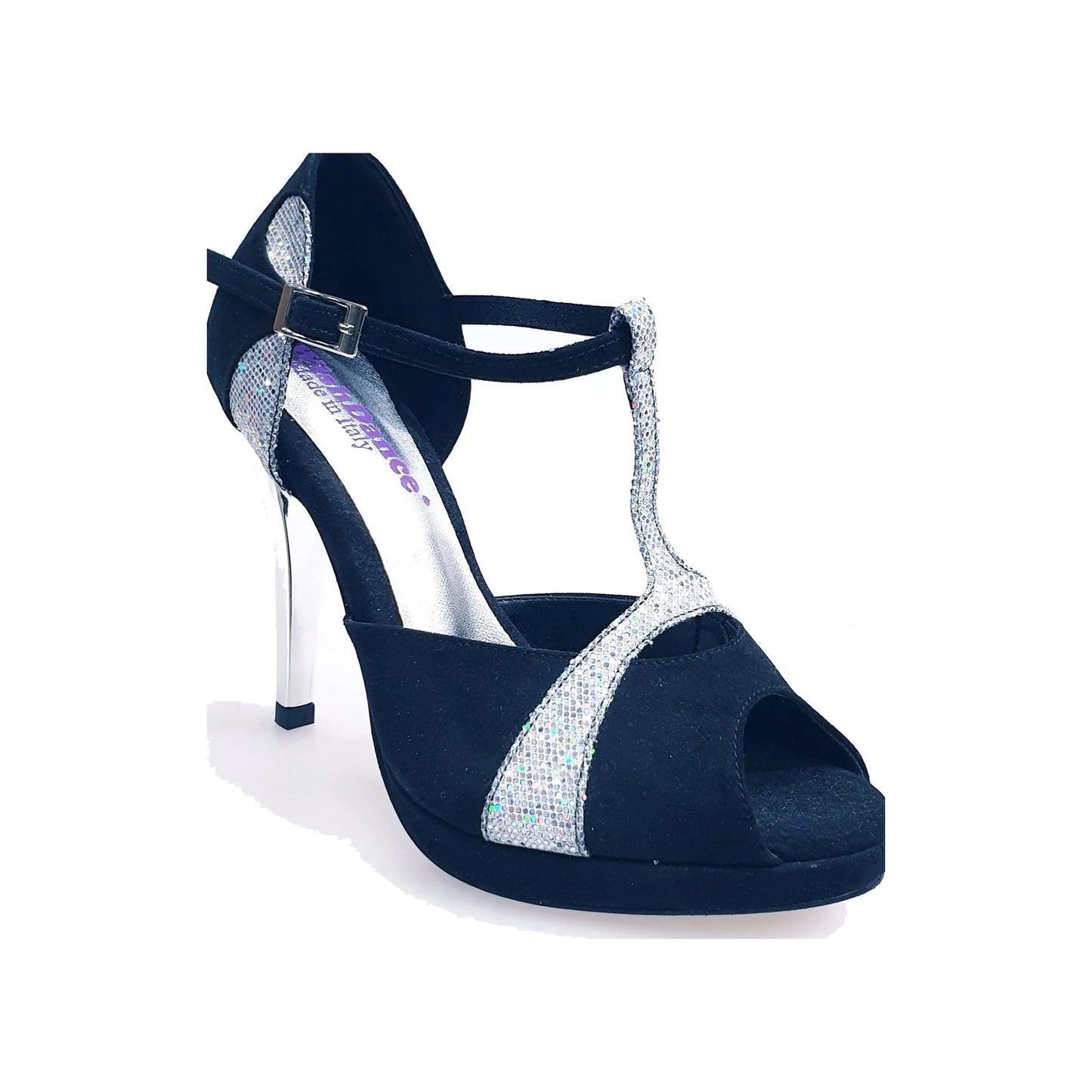 Sandalo da donna Xena (698X) in camoscio nero e glitter argento con plateau e tacco a spillo, scarpa elegante Wish Dance Shop