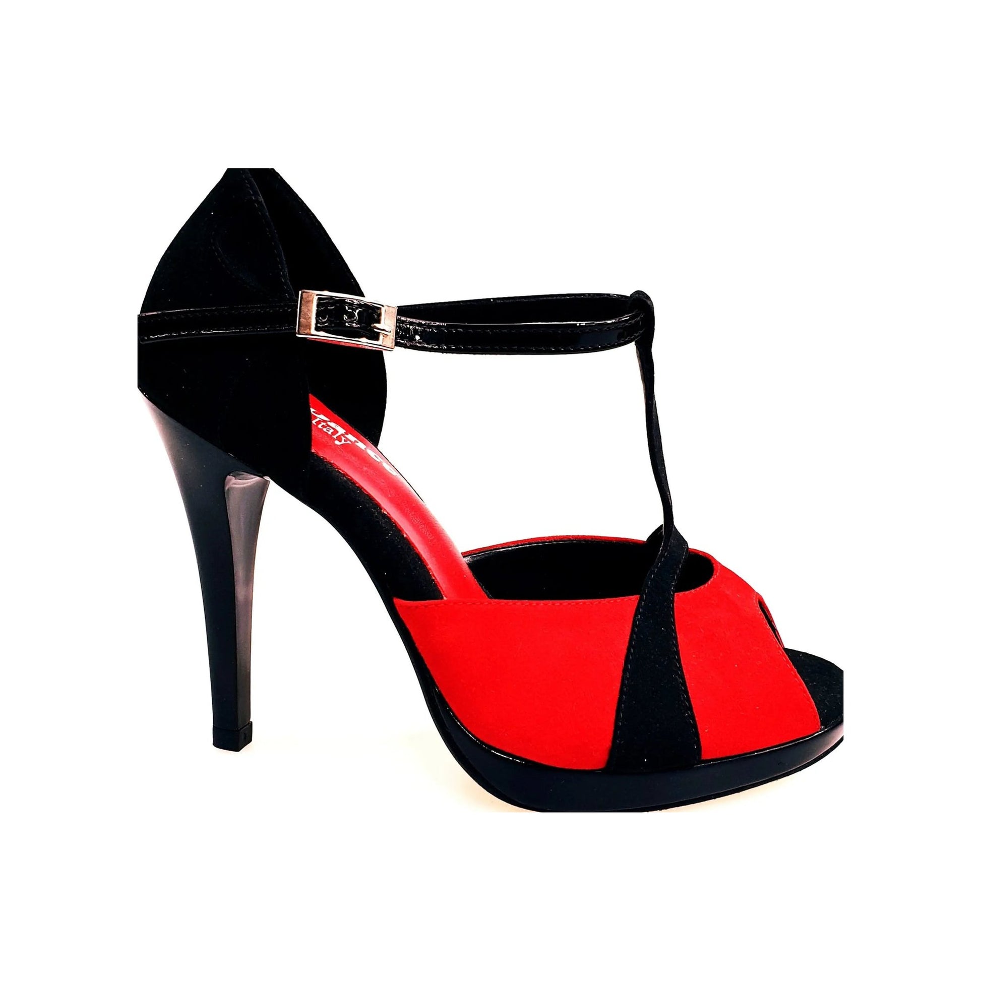 Sandalo donna Xena (698X) in camoscio rosso e nero con plateau e tacco a spillo, scarpa elegante in primo piano
