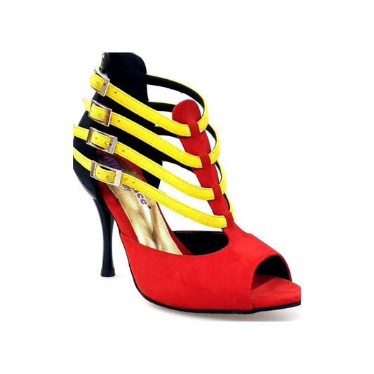 Scarpa donna Wishdance Lussuria in camoscio rosso e nero con cinturini gialli e tacco slim, stile elegante e moderno