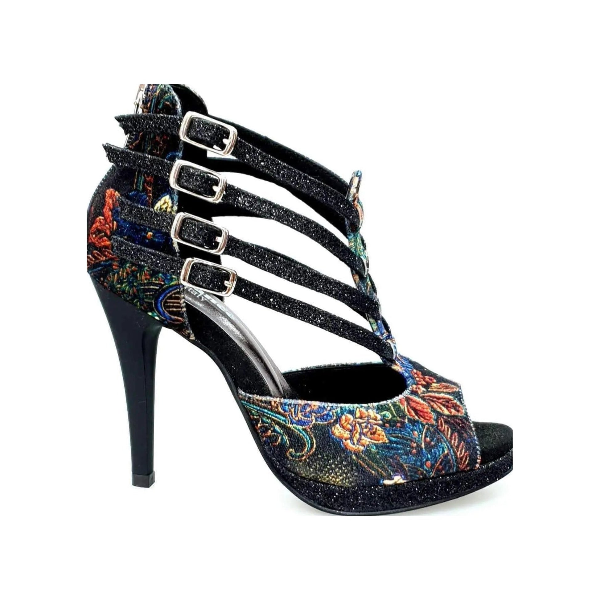 Scarpa da donna Lussuria in velluto nero con cinturini glitter, plateau e tacco a spillo, stile elegante e alla moda.