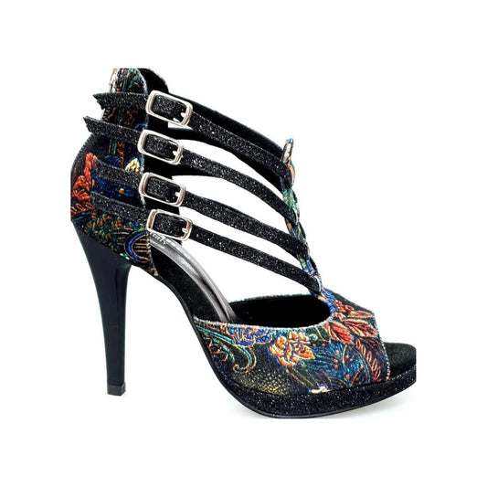 Scarpa da donna Lussuria in velluto nero con cinturini glitter, plateau e tacco a spillo, stile elegante e alla moda.