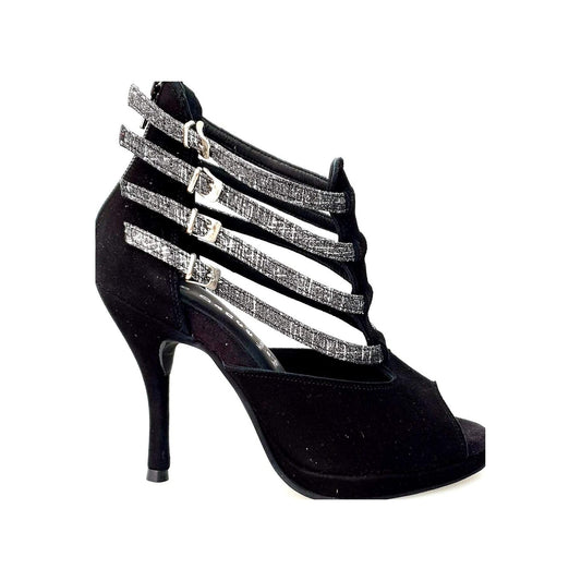 Scarpa donna in camoscio nero Wish Dance Shop Malon (779F) con cinturini fish carbon e plateau, stile elegante e moderno