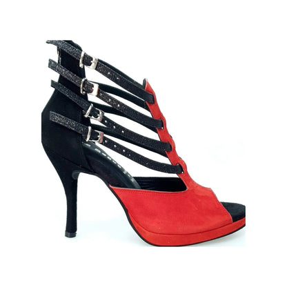 Scarpa donna Malon 779F in camoscio rosso e nero con cinturini in glitter e plateau, stile elegante e alla moda