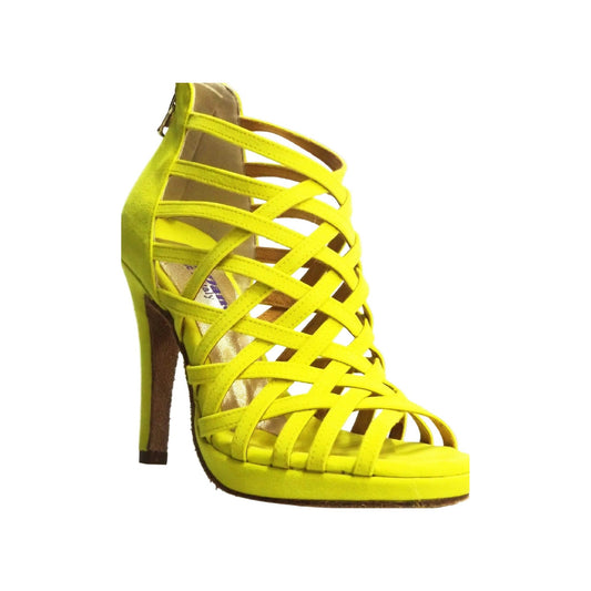 Sandalo Donna Wish Dance Shop Intrigo in camoscio giallo, con tacco a spillo e plateau, dettaglio elegante e colorato.