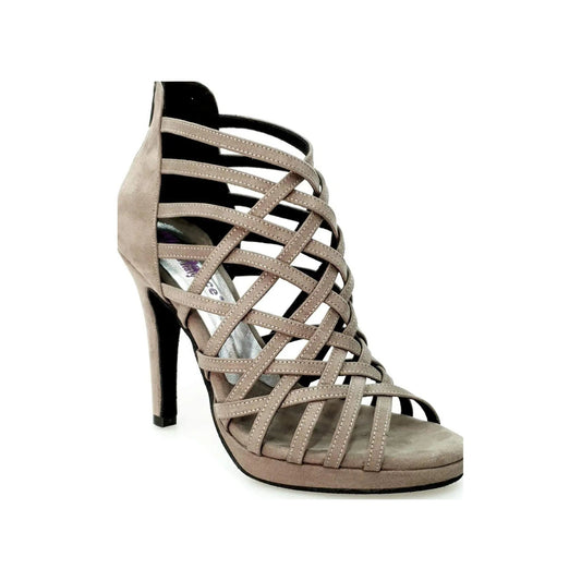 Scarpa da donna Intrigo (780) in camoscio grigio tortora con tacco a spillo largo e plateau, marca Wish Dance Shop.