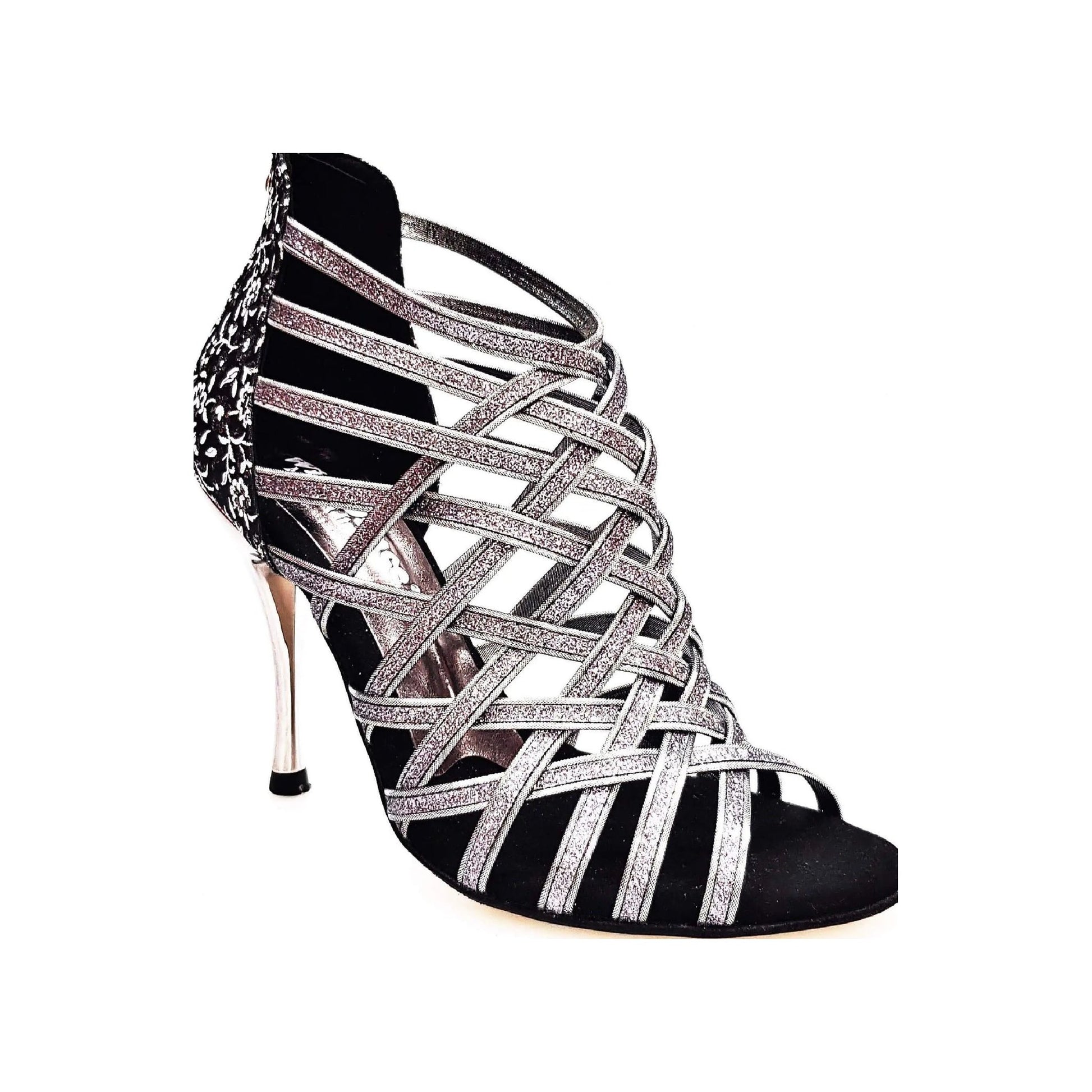 Scarpa da donna Intrigo 780 Wish Dance in glitter carbon con tallone ricamato fiorato argentato e tacco slim.