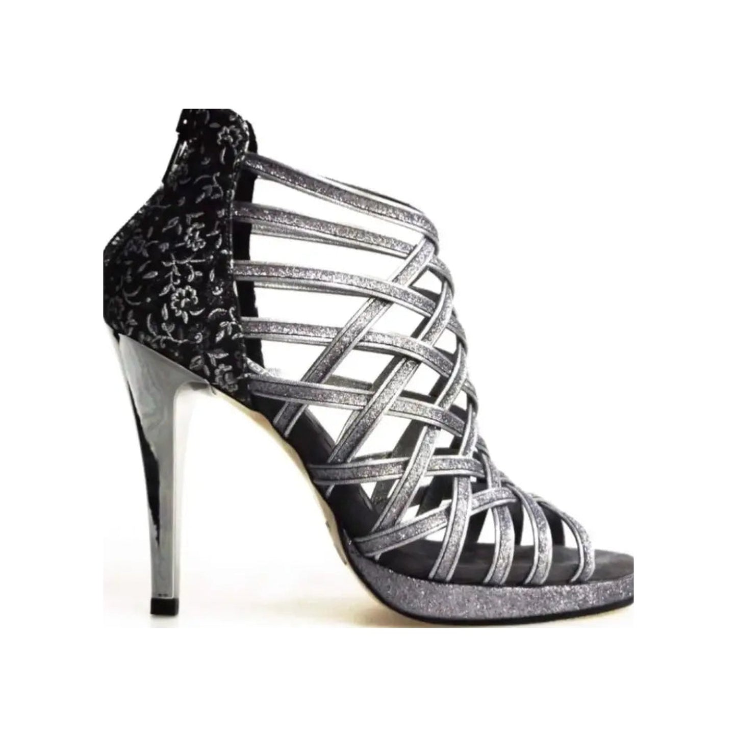 Scarpa da donna Intrigo 780 in glitter carbon con tacco alto a spillo largo, tallone fiorato veneziano e plateau argentato.