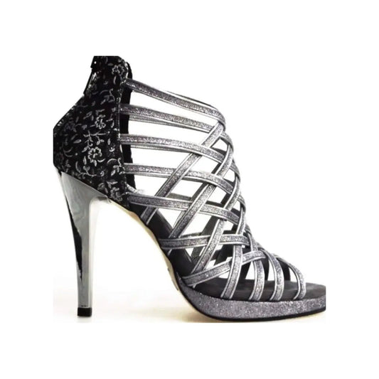 Scarpa da donna Intrigo 780 in glitter carbon con tacco alto a spillo largo, tallone fiorato veneziano e plateau argentato.