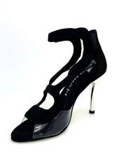 Carica immagine nella Galleria, Angela - Sandalo da Donna in Camoscio Nero con Parti in Plexiglass Tacco a Spillo Laminato Argento
