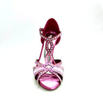 Load image into Gallery viewer, CAMILA Superb (accollata) L13 - Scarpa da Ballo in Raso Seta Rosa Fuxia con Swarovski Bore ali e Tacco a Spillo Laminato Argento
