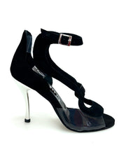 Carica immagine nella Galleria, Angela - Sandalo da Donna in Camoscio Nero con Parti in Plexiglass Tacco a Spillo Laminato Argento
