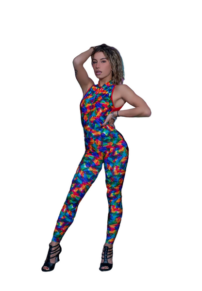 Completo jumpsuit desiderio fantasy zip in microfibra traspirante, modellante e contenitivo con fantasia Picasso multicolor.