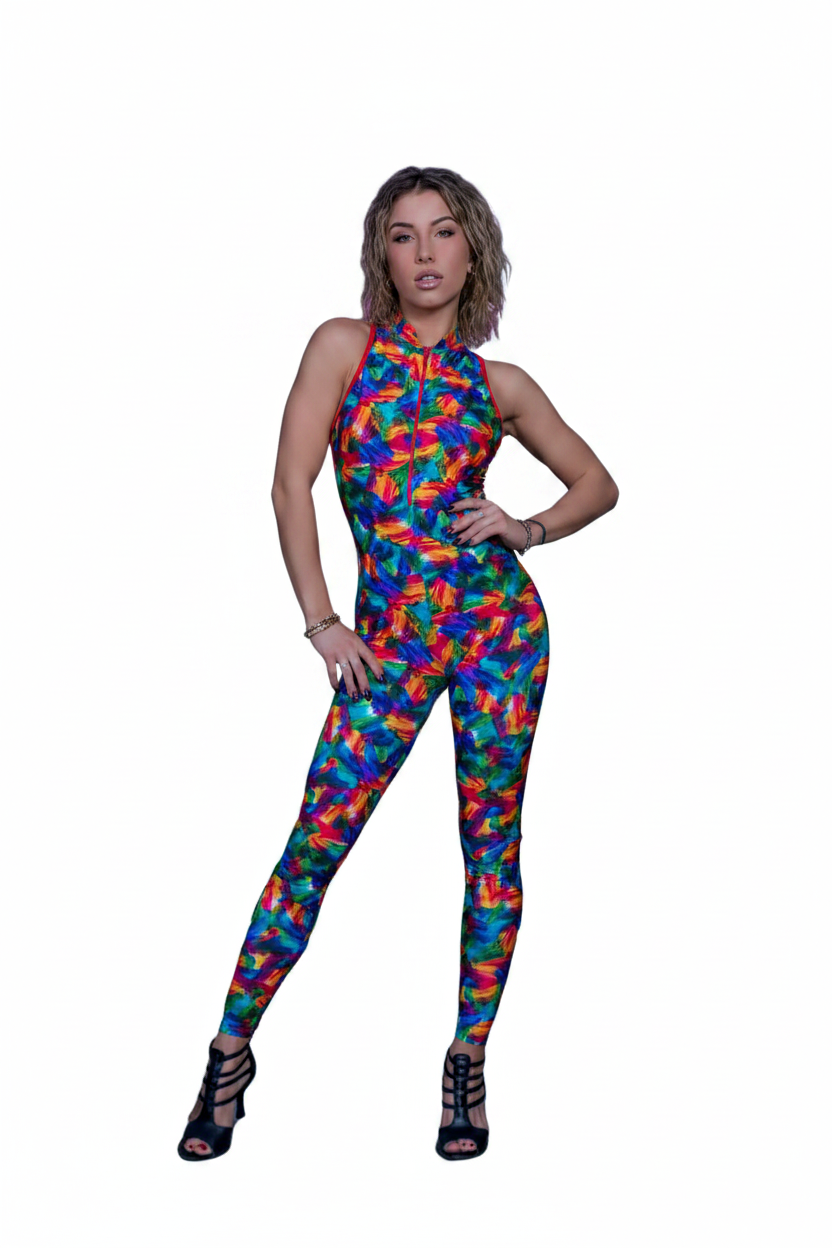 DENISE Fantasy Zip - Jumpsuit in Microfibra Traspirante Bielastica Modellante Contenitivo containment Fantasia Picasso multicolor