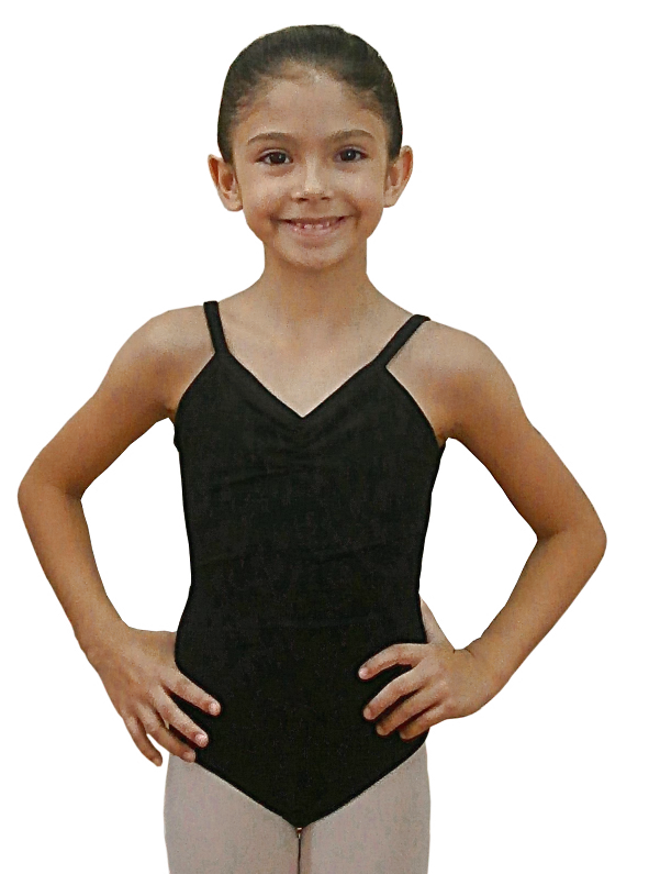 Body danza classica per bambina in cotone bielastico, con bretellina sottile traspirante e pettorina interna antisudore.