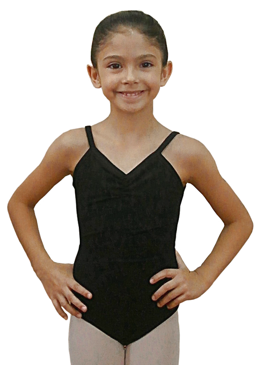 Body danza classica per bambina in cotone bielastico, con bretellina sottile traspirante e pettorina interna antisudore.