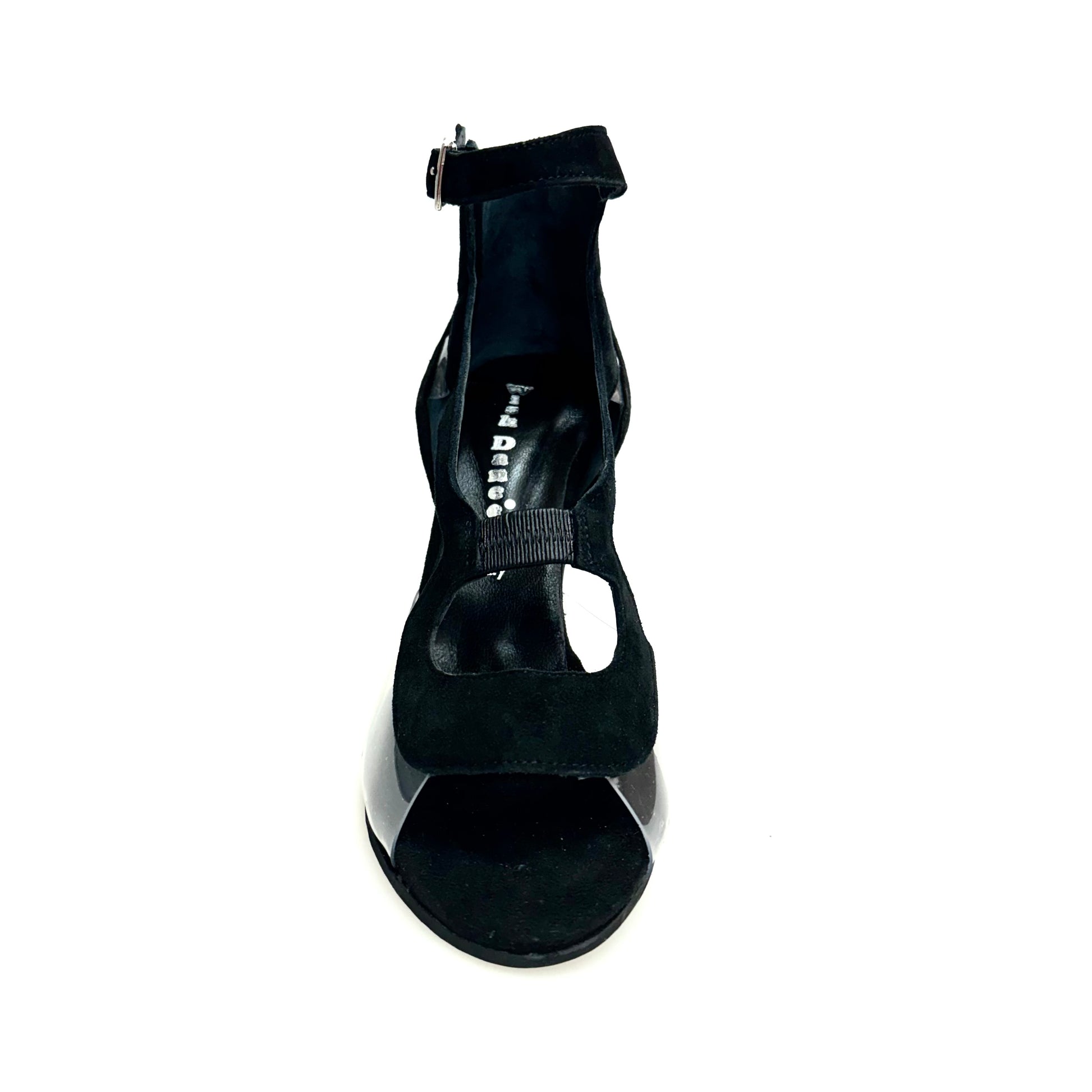 Sandalo donna Angela Wish Dance Shop in camoscio nero con parti in plexiglass e tacco a spillo laminato argento