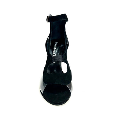 Sandalo donna Angela Wish Dance Shop in camoscio nero con parti in plexiglass e tacco a spillo laminato argento