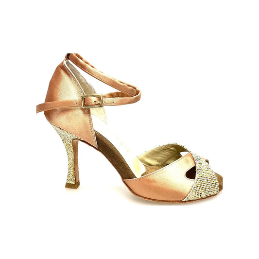 Scarpa Wishdance Ely QB 32QB donna in raso carne e prisma oro con cinturino doppio e tacco rocchetto, elegante e comoda.