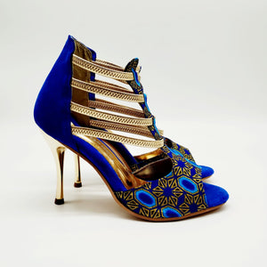 BLU LAGON (460PW) - Sandalo da Donna in Camoscio Blu Royal Elastici Oro con Tessuto Blu Royal inserti disegnati in Glitter Oro e tacco a spillo laminato Oro
