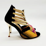 Load image into Gallery viewer, SAVANA SUNSET (460PW) - Sandalo da Donna in Camoscio Nero Elastici Oro con Tessuto Base Nera e colori Arcobaleno con inserti disegnati in Glitter Oro e tacco a spillo laminato Oro
