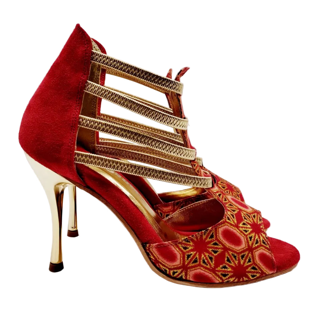 Sandalo donna RED FOX 460PW in camoscio rosso con elastici oro, glitter, tessuto rosso e tacco a spillo laminato oro.