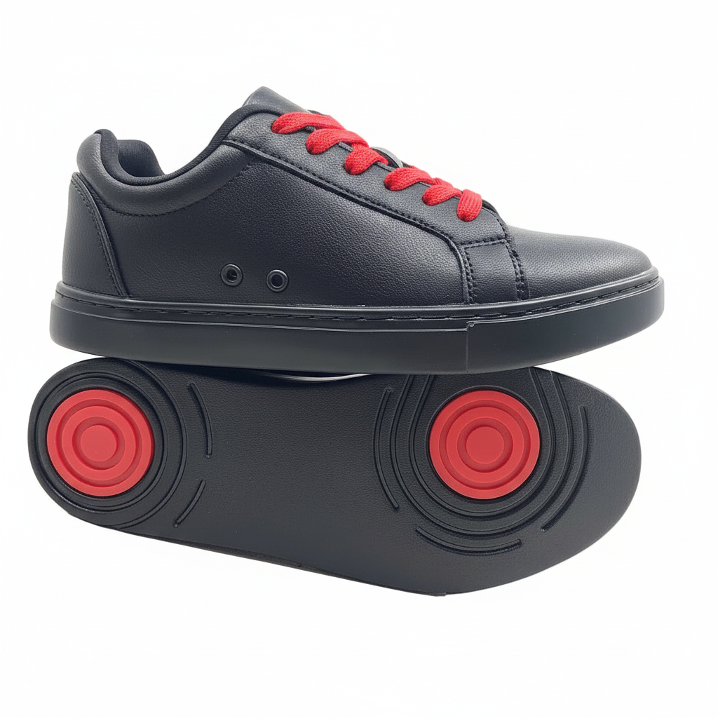 Sneaker Suprema Black Red Vortex (FCE) in ecopelle nera, con suola flessibile in gomma e dettagli rossi, stile sportivo e comfort.