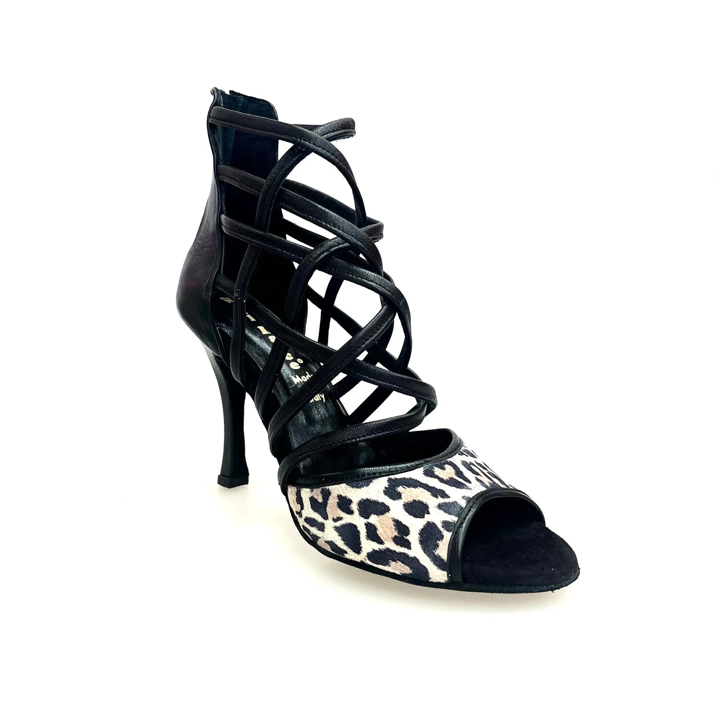 Scarpa Wishdance Megan 161P, sandalo da donna in pelle nera con tomaia anteriore in maculato, elegante e comoda.