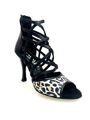 Carica immagine nella Galleria, Megan (161P) - Sandalo da Donna in Pelle Nera con Tomaia Anteriore in Maculato
