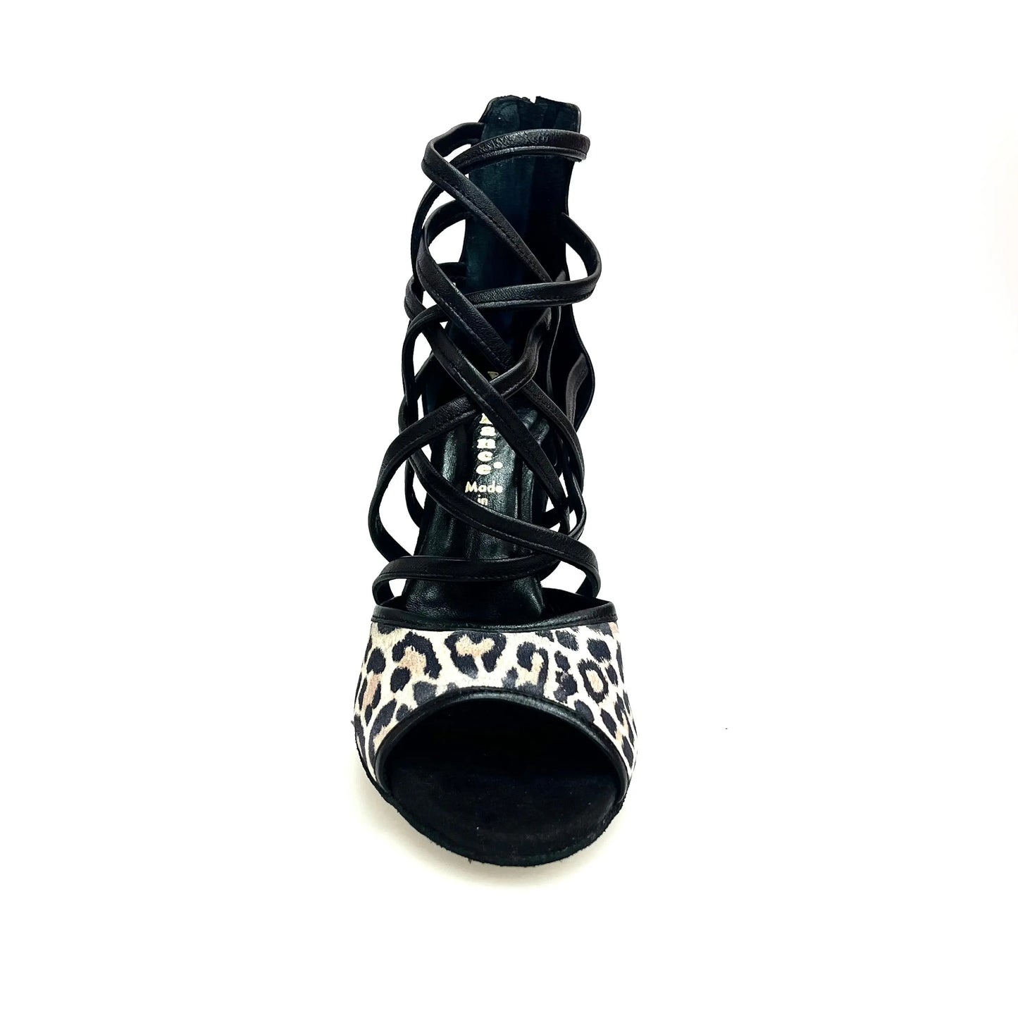 Scarpa donna Wishdance Megan (161P) in pelle nera con tomaia maculato, sandalo elegante con cinturino e tacco basso