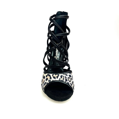 Scarpa donna Wishdance Megan (161P) in pelle nera con tomaia maculato, sandalo elegante con cinturino e tacco basso