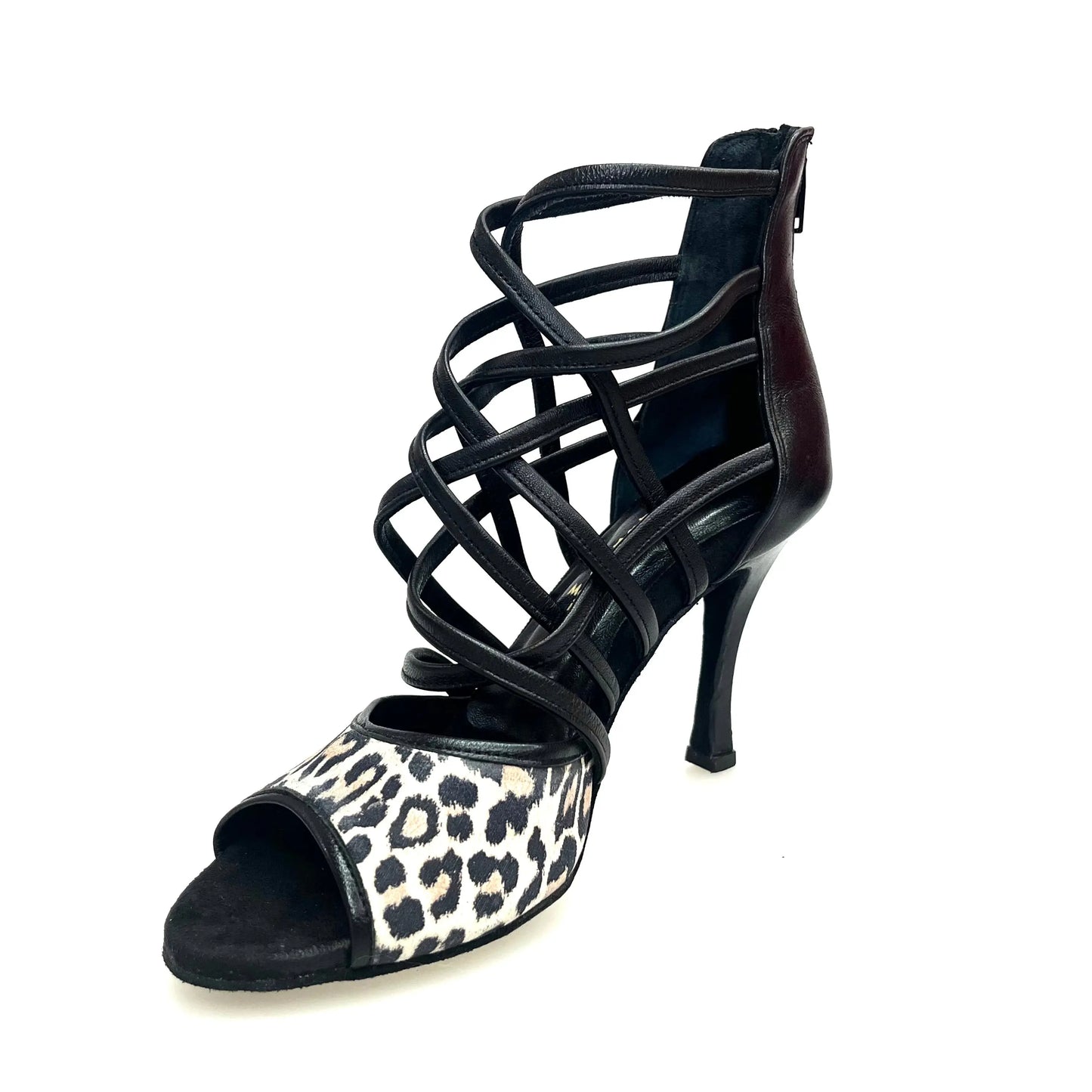 Scarpe da donna Wishdance Megan 161P, sandalo in pelle nera con tomaia anteriore maculata, elegante e comodo.