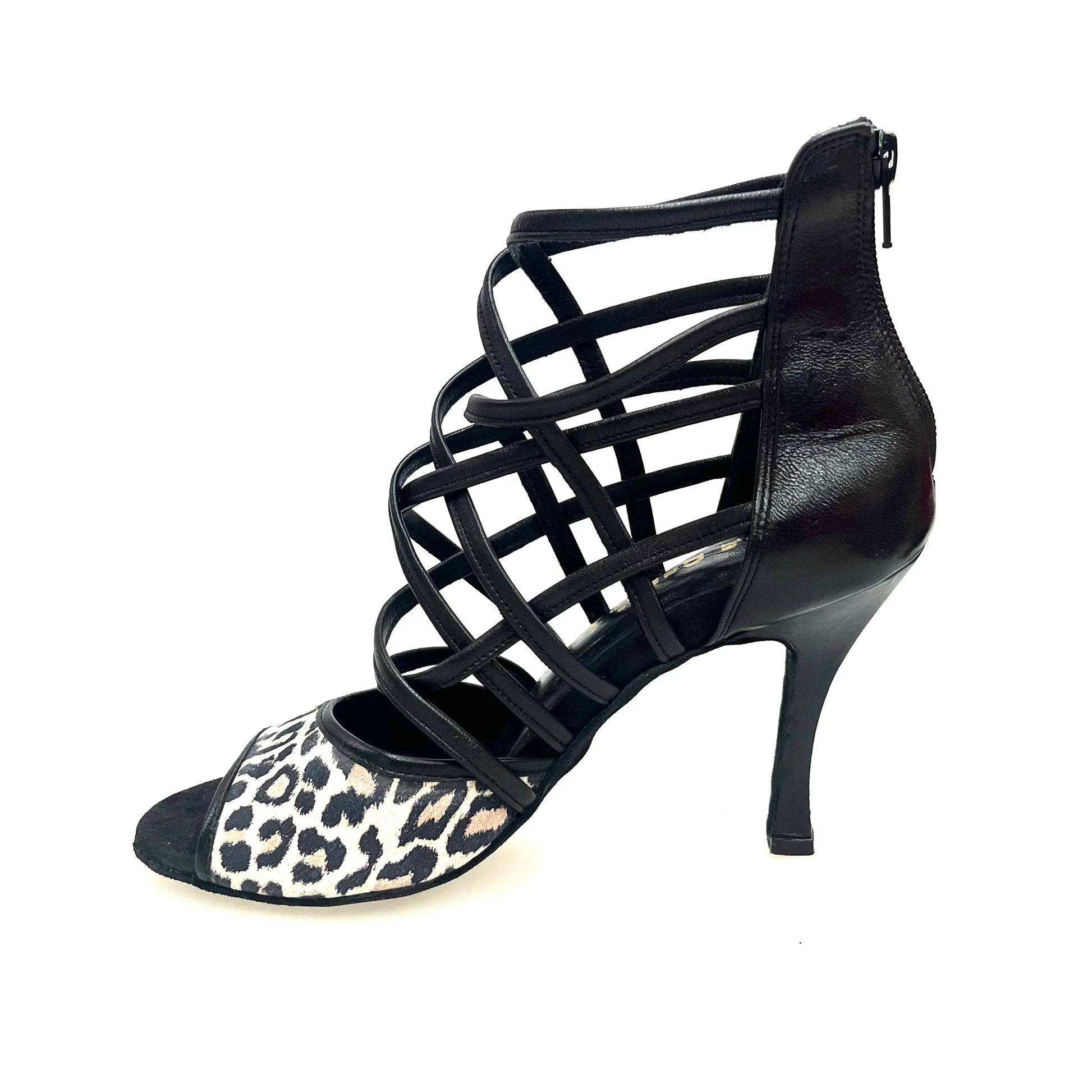 Sandalo da donna Wishdance Megan 161P in pelle nera con tomaia anteriore in maculato, scarpa elegante e comoda