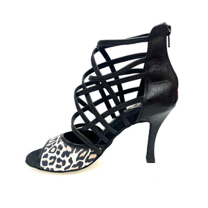 Megan (161P) - Woman's Sandal in Black Leather with Spotted Front Upper