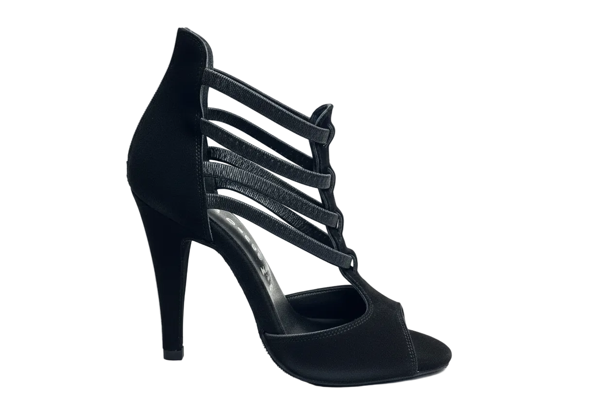 Sandalo donna Lilith (460) in camoscio nero con tacco alto a spillo largo, tacco elegante e suola liscia.