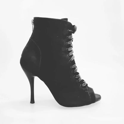 Stivaletto nero Alexis in camoscio con zip, tacco a spillo in alluminio verniciato effetto gommato, scarpe Wish Dance Shop