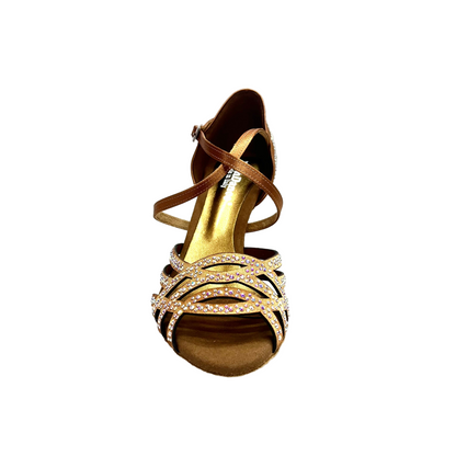 Scarpa da donna bi-flex Carolin QC Wish Dance Shop in raso seta bronzo con Swarovski Boreali e tacco a rocchetto basso