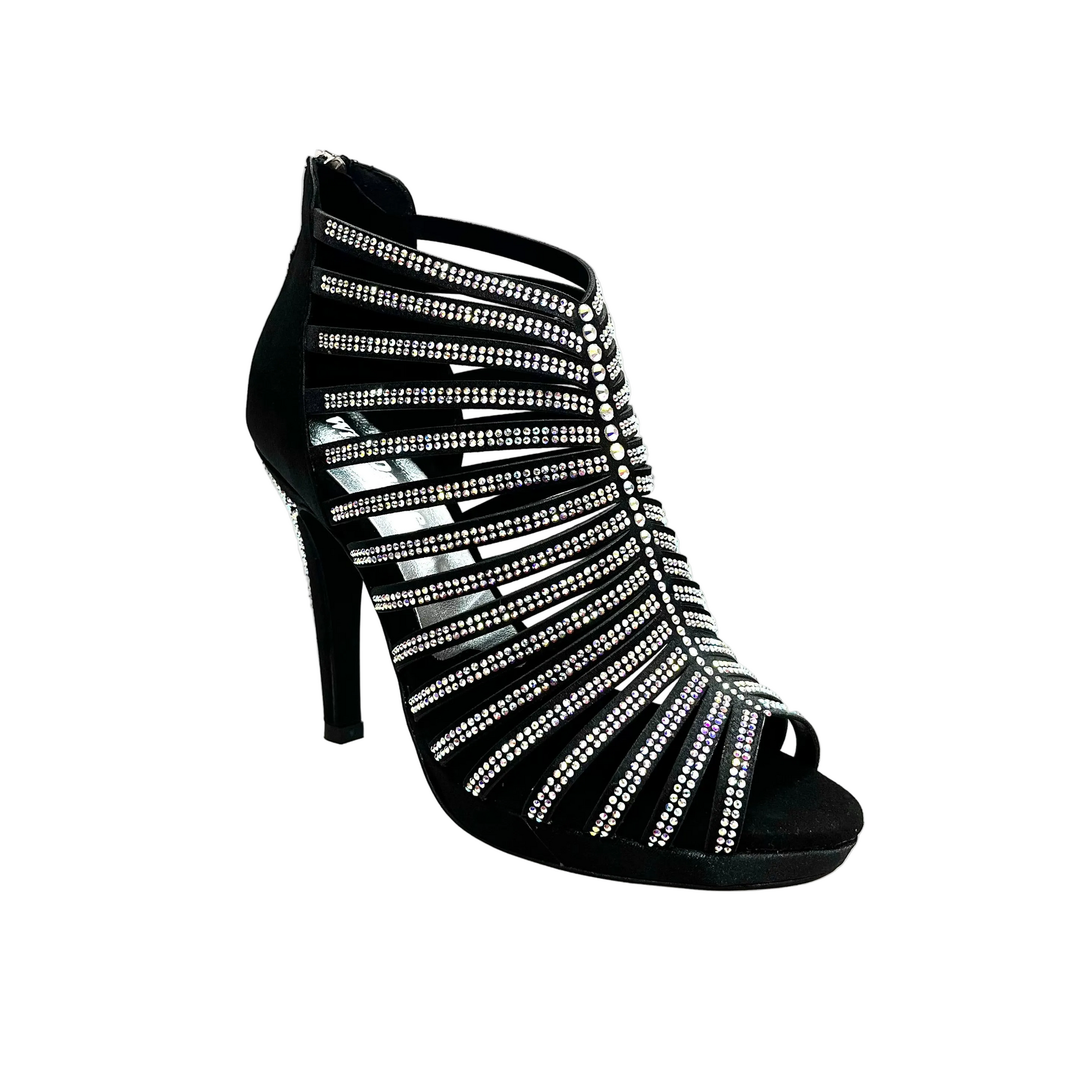Sandalo a tronchetto Wish Dance Shop ELSY Plus in raso seta nero con Swarovski Boreali, plateau e tacco alto a spillo largo.