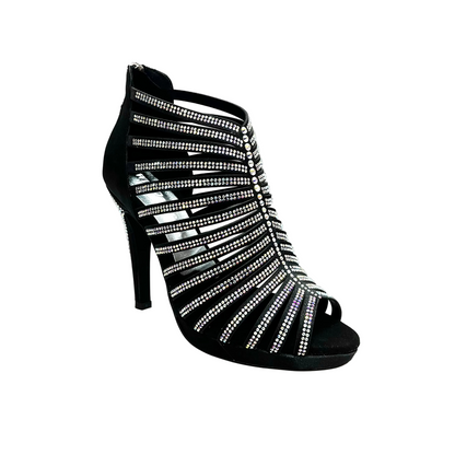 Sandalo a tronchetto Wish Dance Shop ELSY Plus in raso seta nero con Swarovski Boreali, plateau e tacco alto a spillo largo.