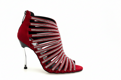 Sandalo a tronchetto da donna ELSY Plus (L7) in raso seta nero con Swarovski Boreali e tacco a spillo laminato argento.