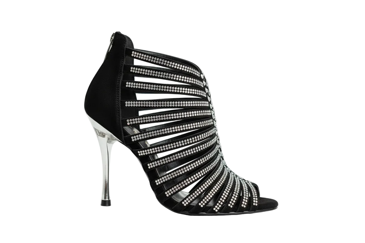 Sandalo a tronchetto donna ELSY Plus (L7) in raso di seta nero con Swarovski Boreali e tacco a spillo laminato argento.