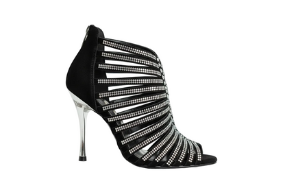 Sandalo a tronchetto donna ELSY Plus (L7) in raso di seta nero con Swarovski Boreali e tacco a spillo laminato argento.