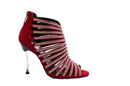 Sandalo a tronchetto donna ElsY Plus L7 in raso di seta nero con Swarovski Boreali e tacco a spillo laminato argentato.