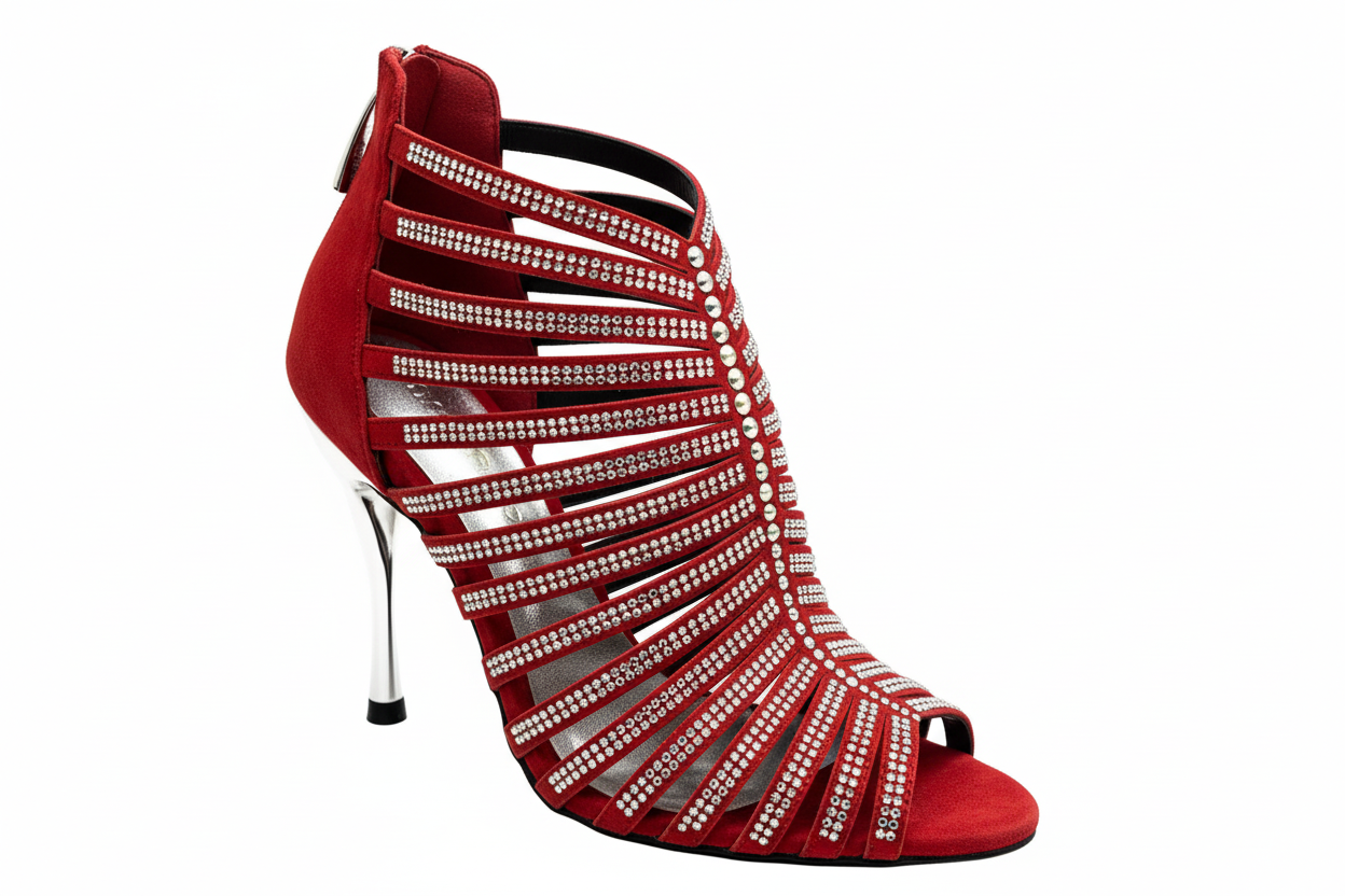 Sandalo a tronchetto donna ELSY Plus Wish Dance Shop in raso nero con Swarovski boreali e tacco a spillo laminato argento.